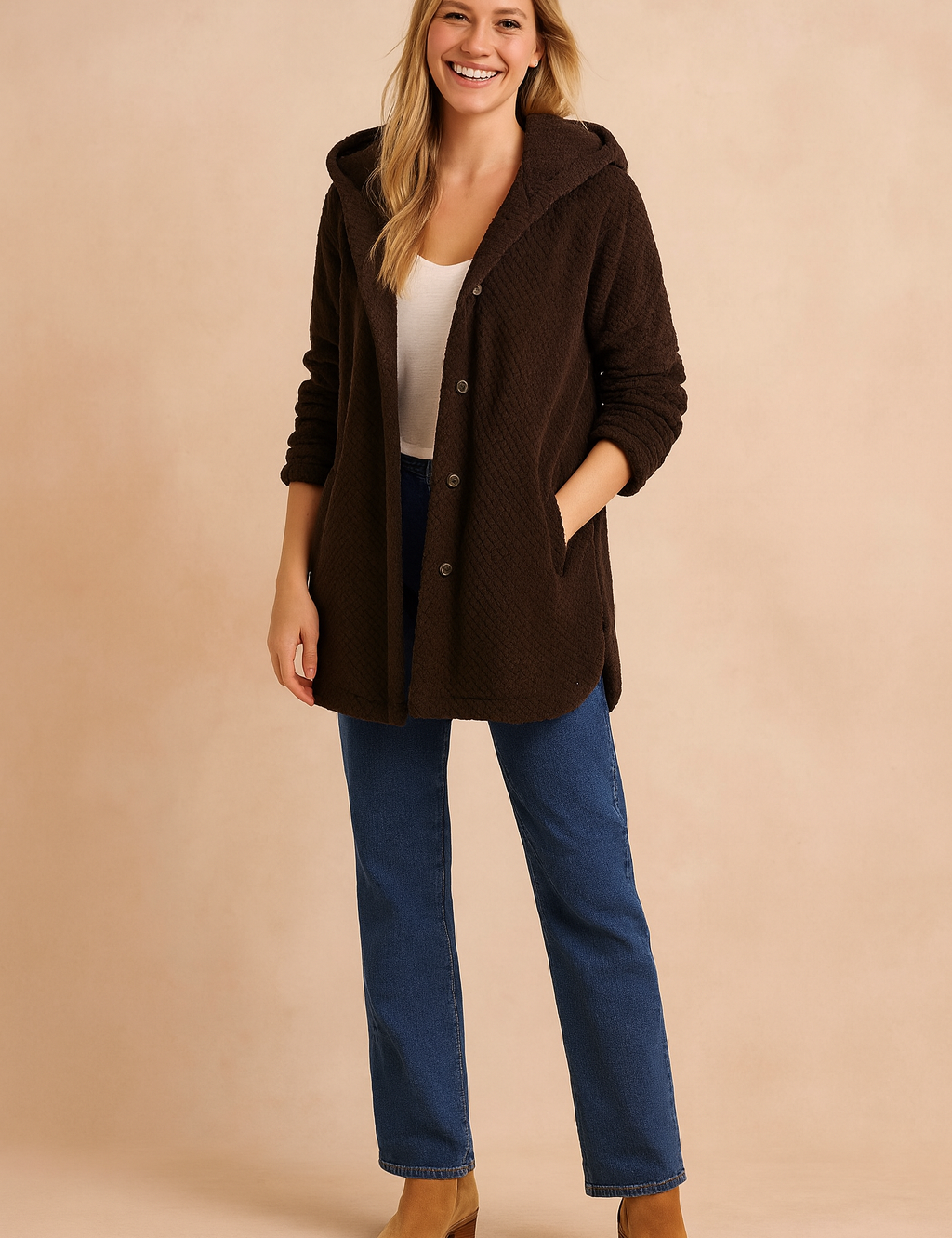 Dark brown quilted hooded winter jacket with button-down front and side pockets, designed for warmth and everyday comfort
