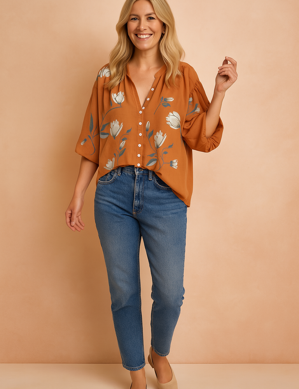 Burnt orange floral button-down blouse with wide half sleeves, soft V-neckline, and an airy fit, featuring a scattered pattern of ivory and gray tulip blooms with muted blue-green leaves.