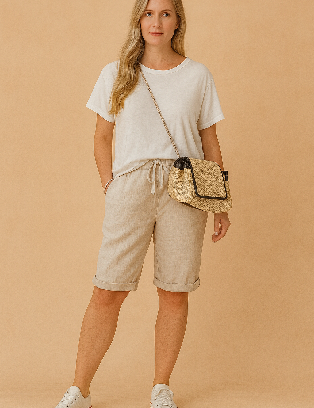 Light beige drawstring knee-length linen shorts paired with a loose white T-shirt, styled with white low-top sneakers and a straw crossbody bag with black trim.