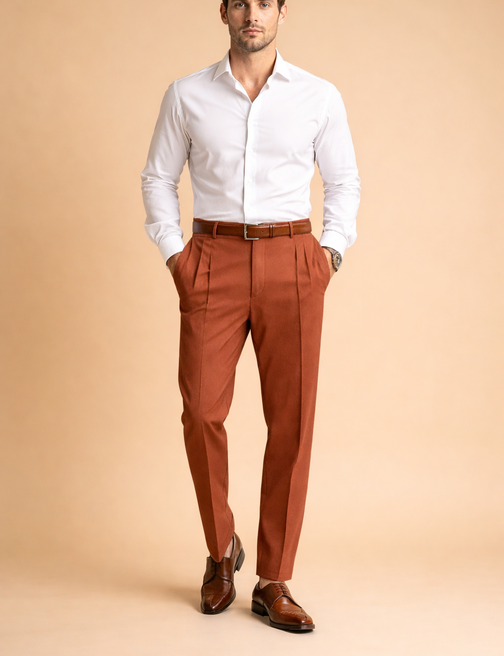 Tailored men’s trousers with a clean pleated front, slim straight-leg cut, belt loops, and a structured waistband, styled with classic leather dress shoes for a refined formal look.