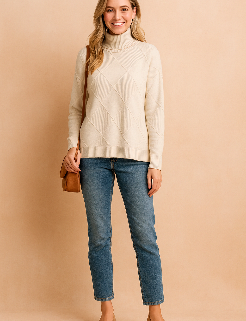 Beige diamond-pattern turtleneck sweater with ribbed cuffs and hem, designed in a modern grid knit style for a chic, cozy look