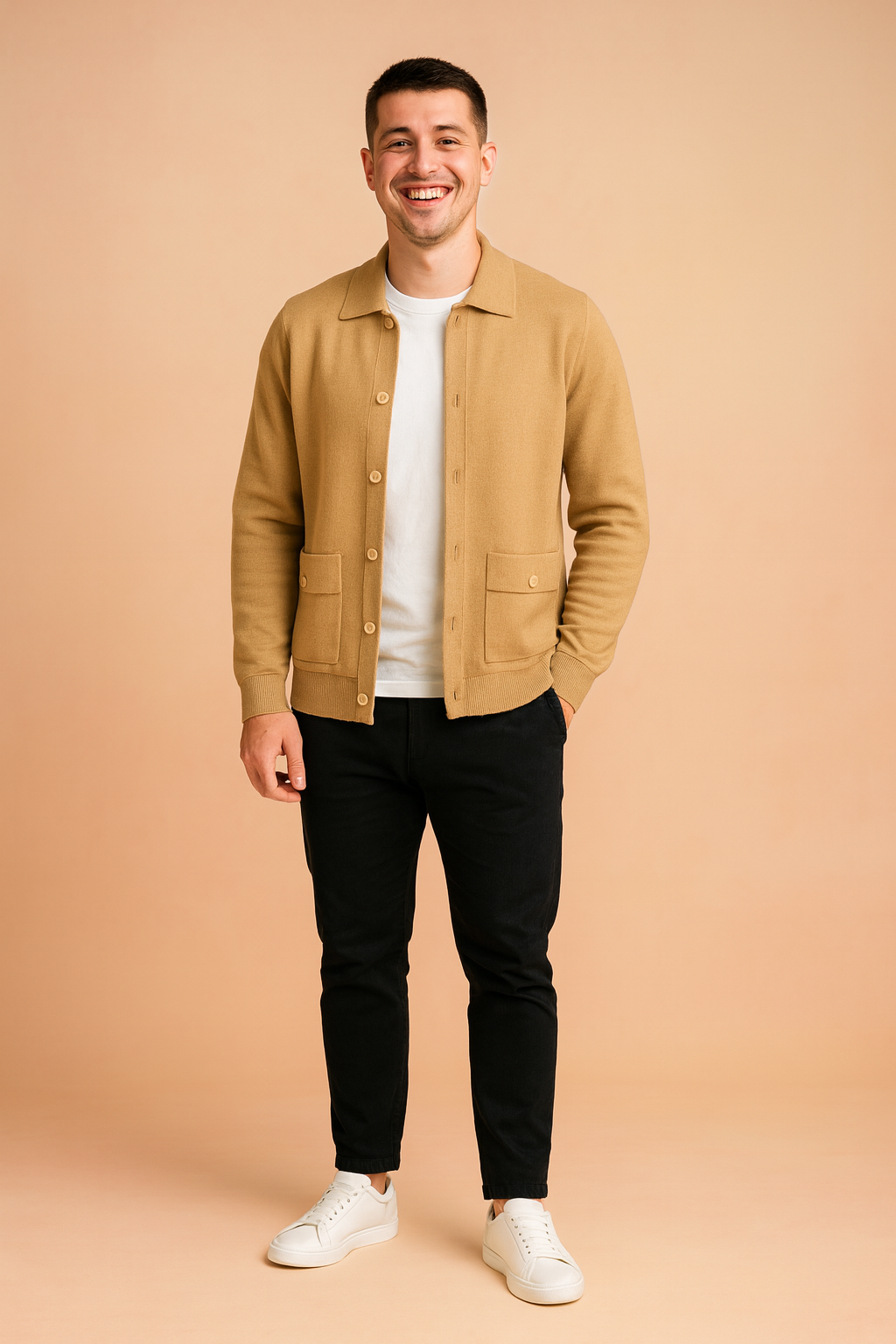 Beige button-down knit cardigan with a pointed collar and dual front flap pockets, paired with a clean white inner tee; crafted in soft textured knit with ribbed cuffs and hem for a tailored yet relaxed silhouette.