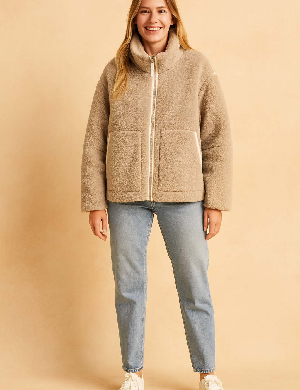 Beige shearling zip-up jacket with high collar and large front pockets, styled with light blue jeans and white sneakers for a cozy casual look.
