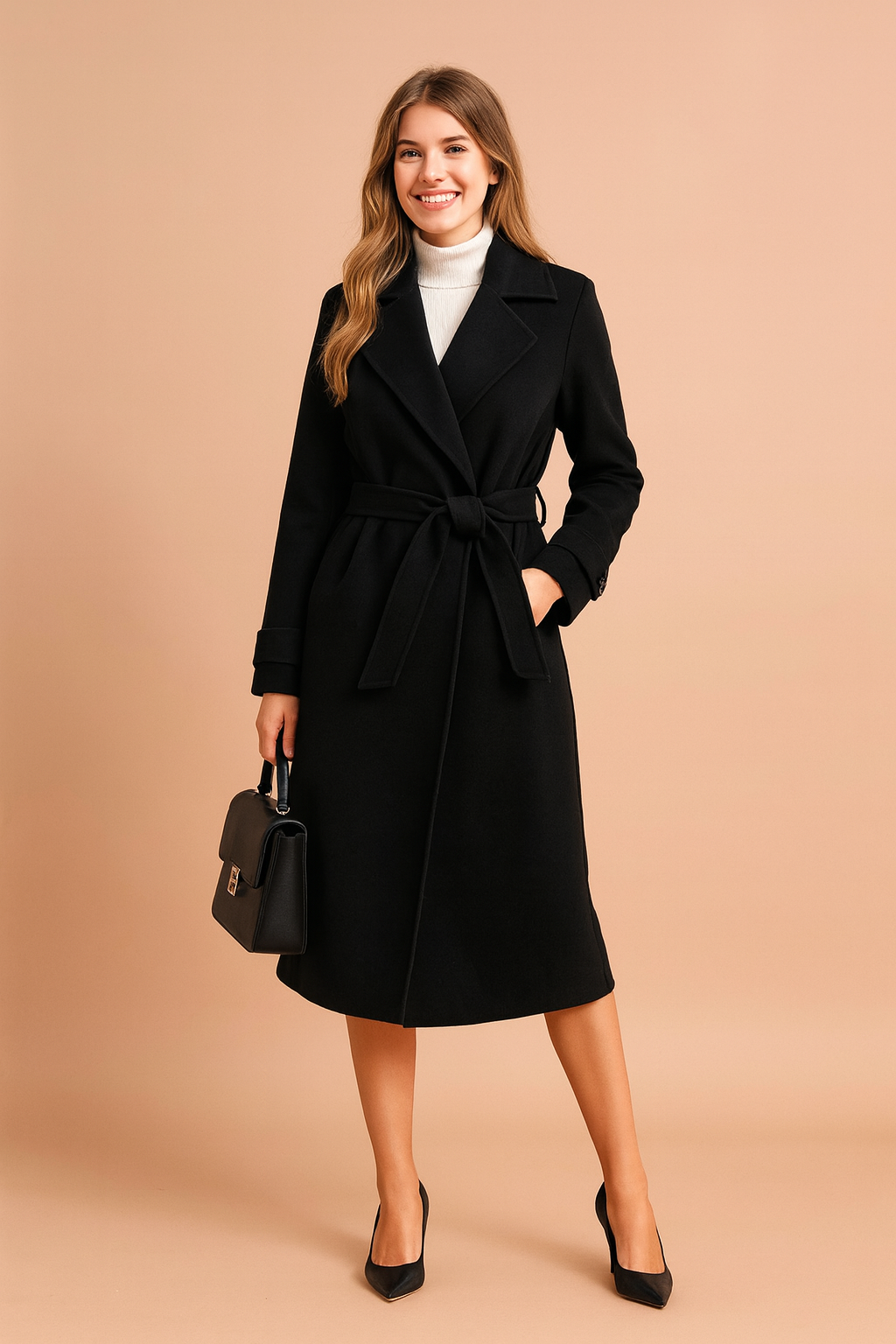 Black belted trench coat with wide lapels, styled with a white turtleneck, black heels, and structured handbag