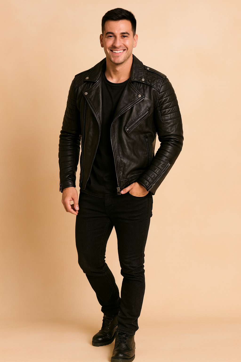 Men's modern black biker-style leather jacket featuring quilted shoulder and arm detailing, asymmetrical zipper, and silver hardware accents — perfect for urban streetwear and contemporary fashion looks.