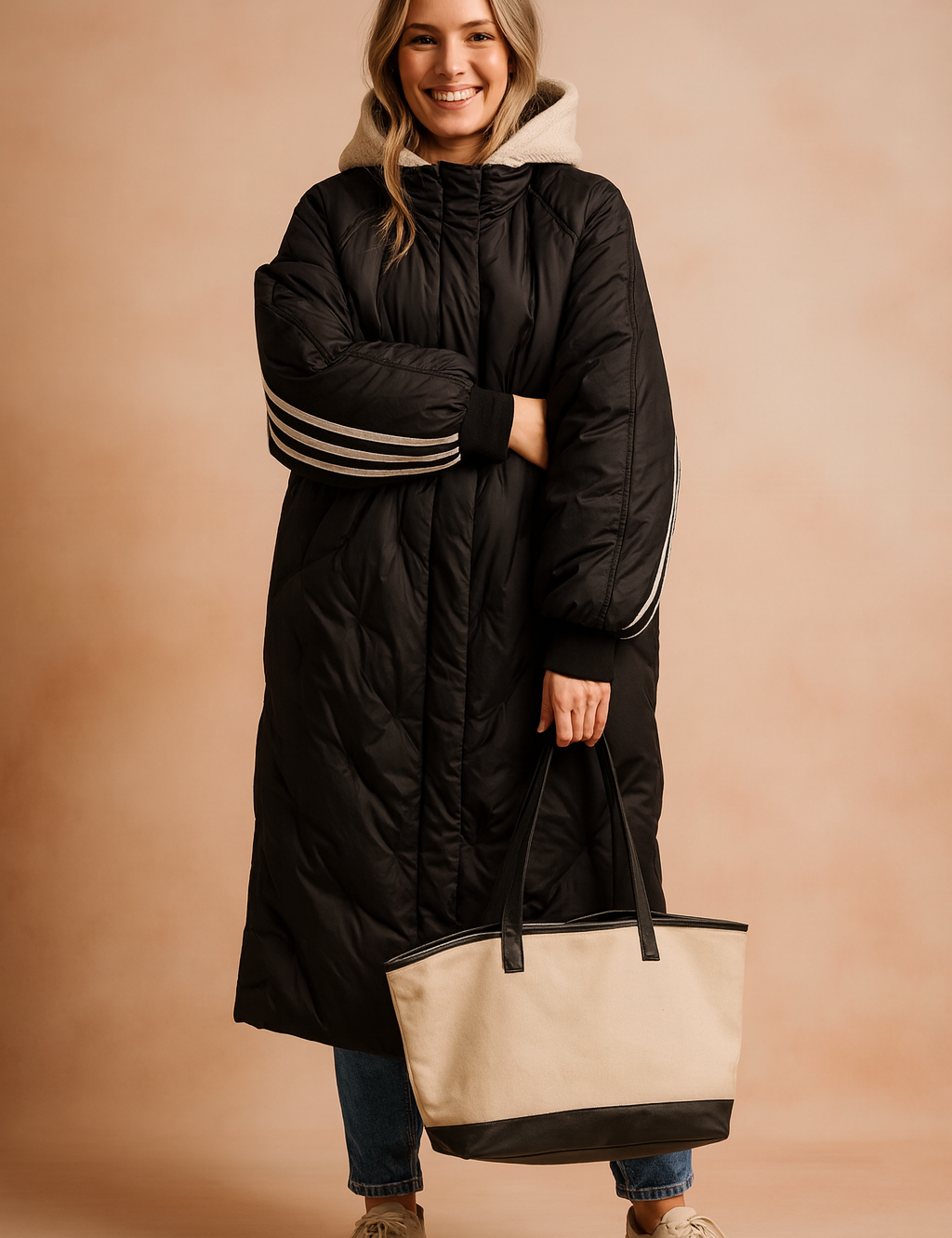 Long black quilted puffer coat with striped sleeve details and faux fur-lined hood, styled with jeans, sneakers, and a beige tote bag for a cozy winter look.