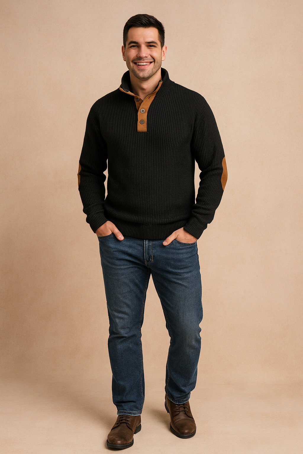 Ribbed black pullover sweater featuring tan button placket and elbow patch accents, tailored in a slim fit with long sleeves and reinforced cuffs for a refined casual look.