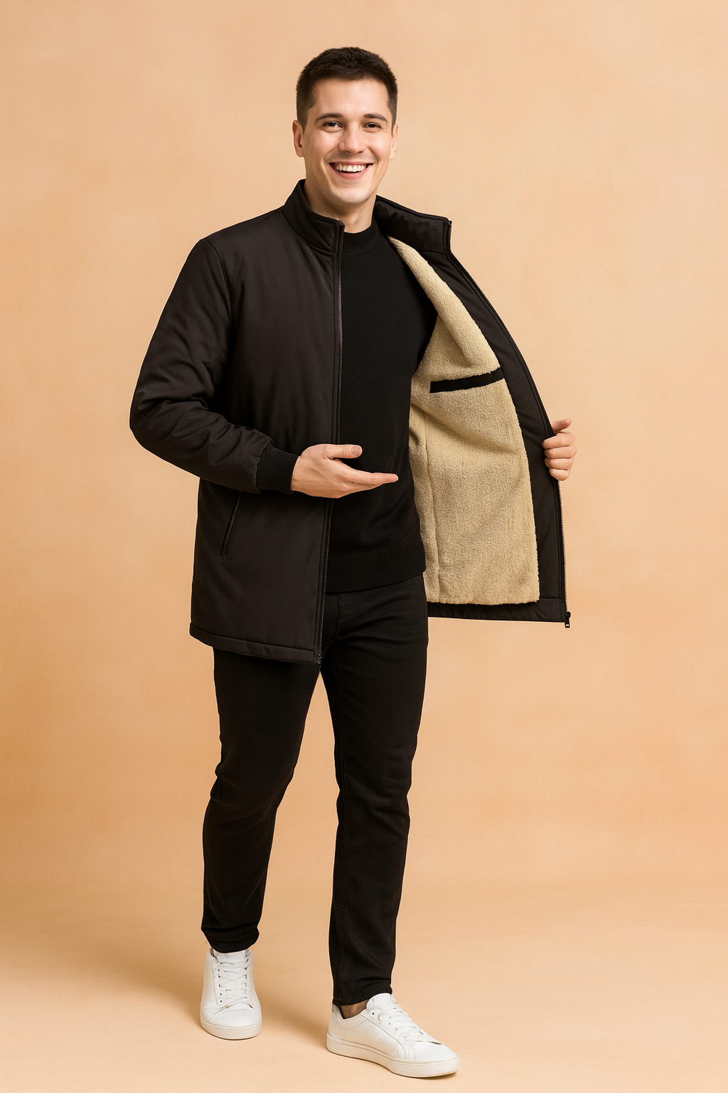 Black bomber jacket with beige faux-shearling lining, zip-up front, ribbed cuffs and hem, styled with slim black pants for a modern winter look.