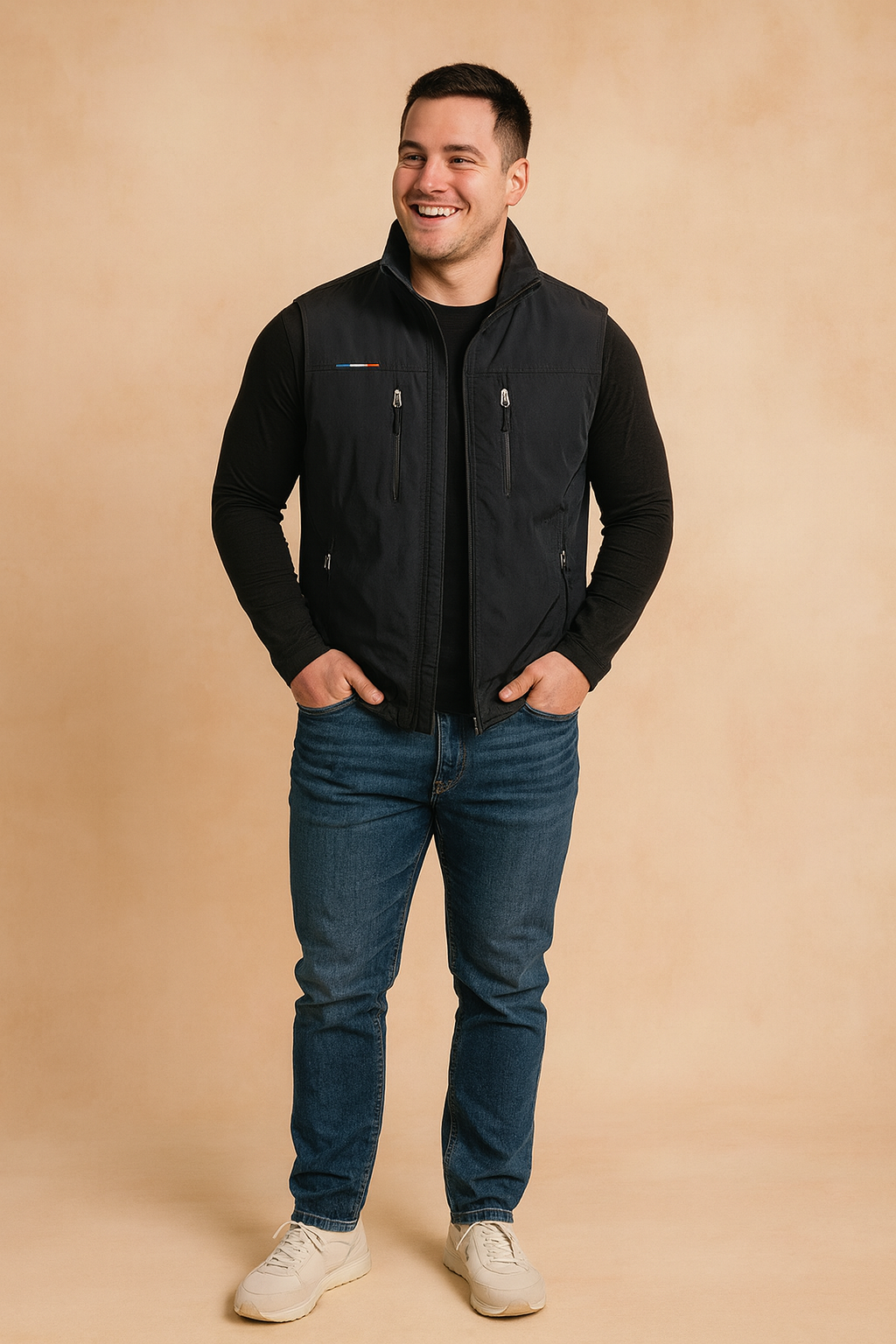 Black outdoor utility vest with multiple zipper pockets, high collar, and lightweight water-resistant fabric, styled for casual wear.