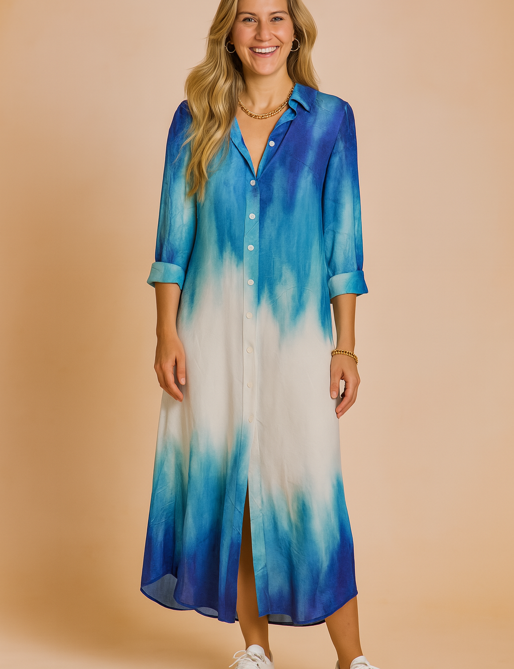  Button-down dip-dye midi dress featuring a collared neckline, rolled-up sleeves, and a fluid A-line silhouette, blending vibrant cobalt blue into soft ivory with a precise vertical gradient finish.
