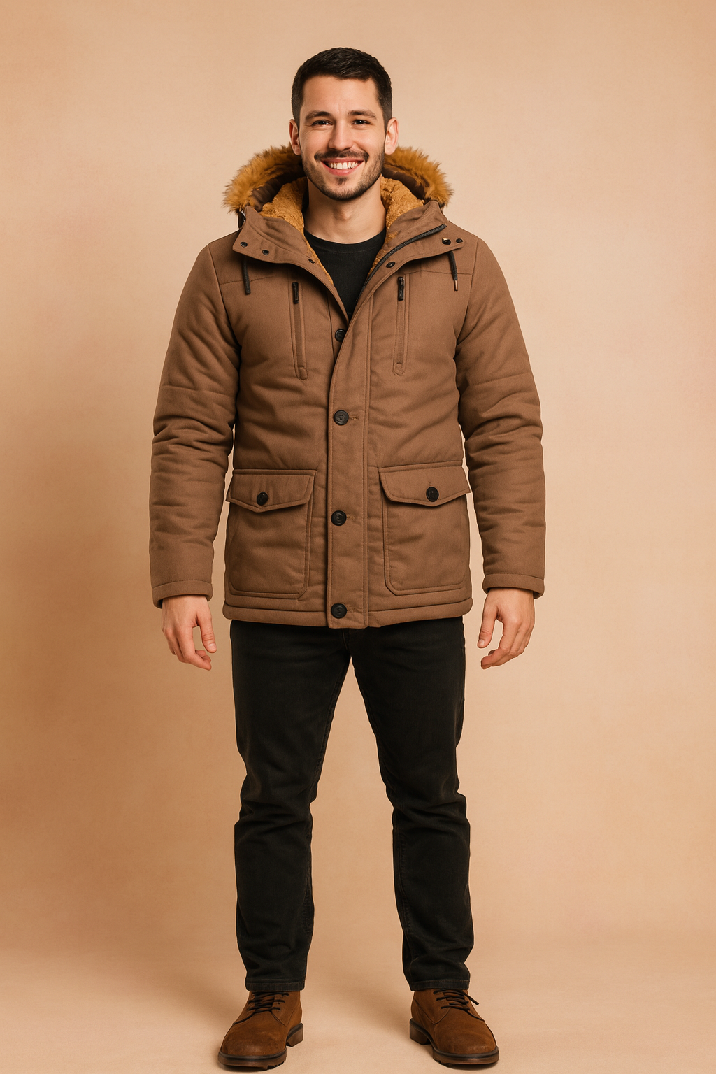 Brown winter jacket with faux fur hood lining, button and zipper closure, multiple front pockets, and quilted design for warmth and comfort