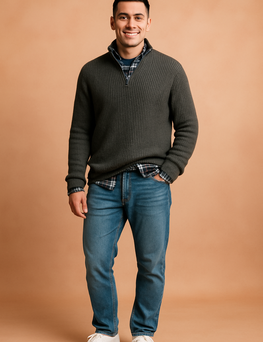 Men’s charcoal gray ribbed quarter-zip sweater layered over a navy plaid button-up shirt, styled with medium wash denim jeans and white sneakers.