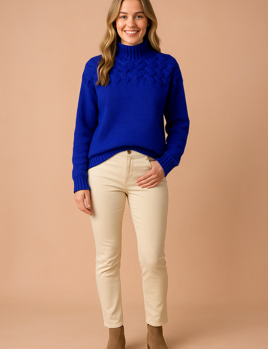 Cobalt blue cable-knit high-neck sweater with ribbed cuffs and hem, paired with beige slim-fit pants and taupe ankle boots.