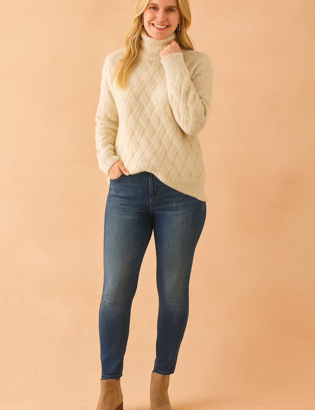 Cream cable-knit turtleneck sweater with oversized sleeves and textured diagonal pattern, paired with medium-wash skinny jeans and taupe suede ankle boots.
