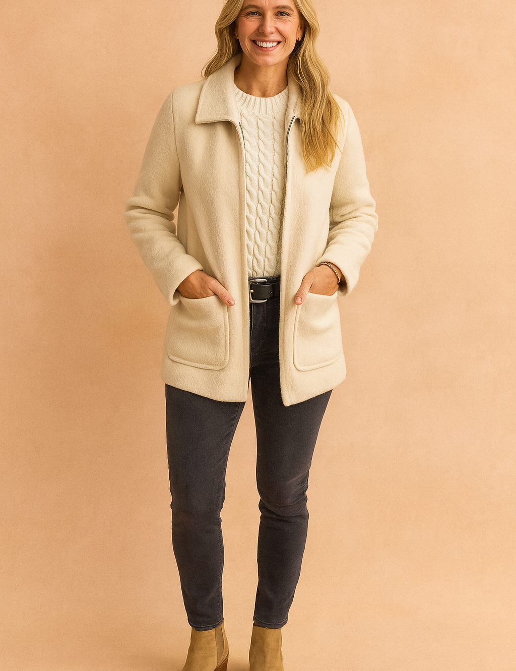 Cream fleece coat with front patch pockets layered over a white cable-knit sweater, paired with charcoal jeans, a black belt, and tan suede ankle boots.