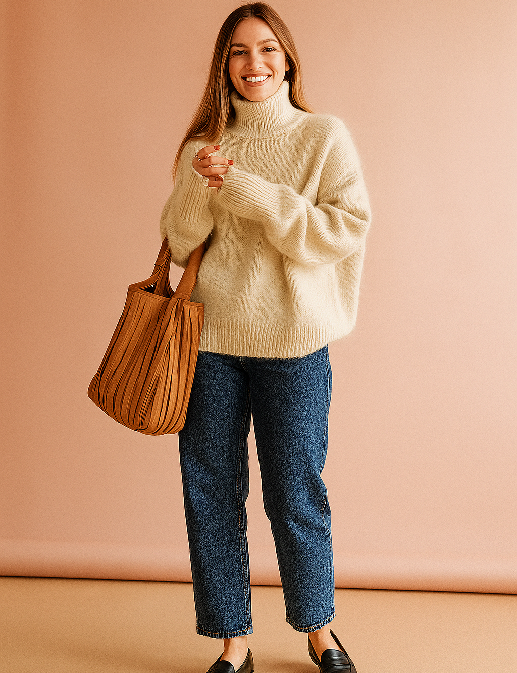 Cream ribbed turtleneck sweater with dropped shoulders and oversized sleeves paired with dark straight-leg denim jeans and a caramel pleated leather tote bag