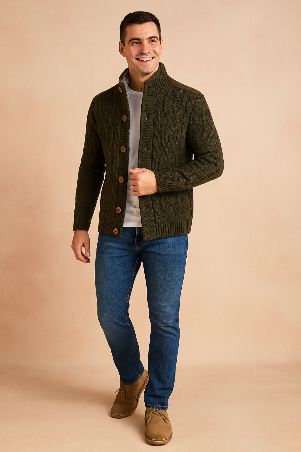 Men’s dark green knitted cardigan with cable knit pattern, button-up front, and soft fleece lining for warmth and comfort.