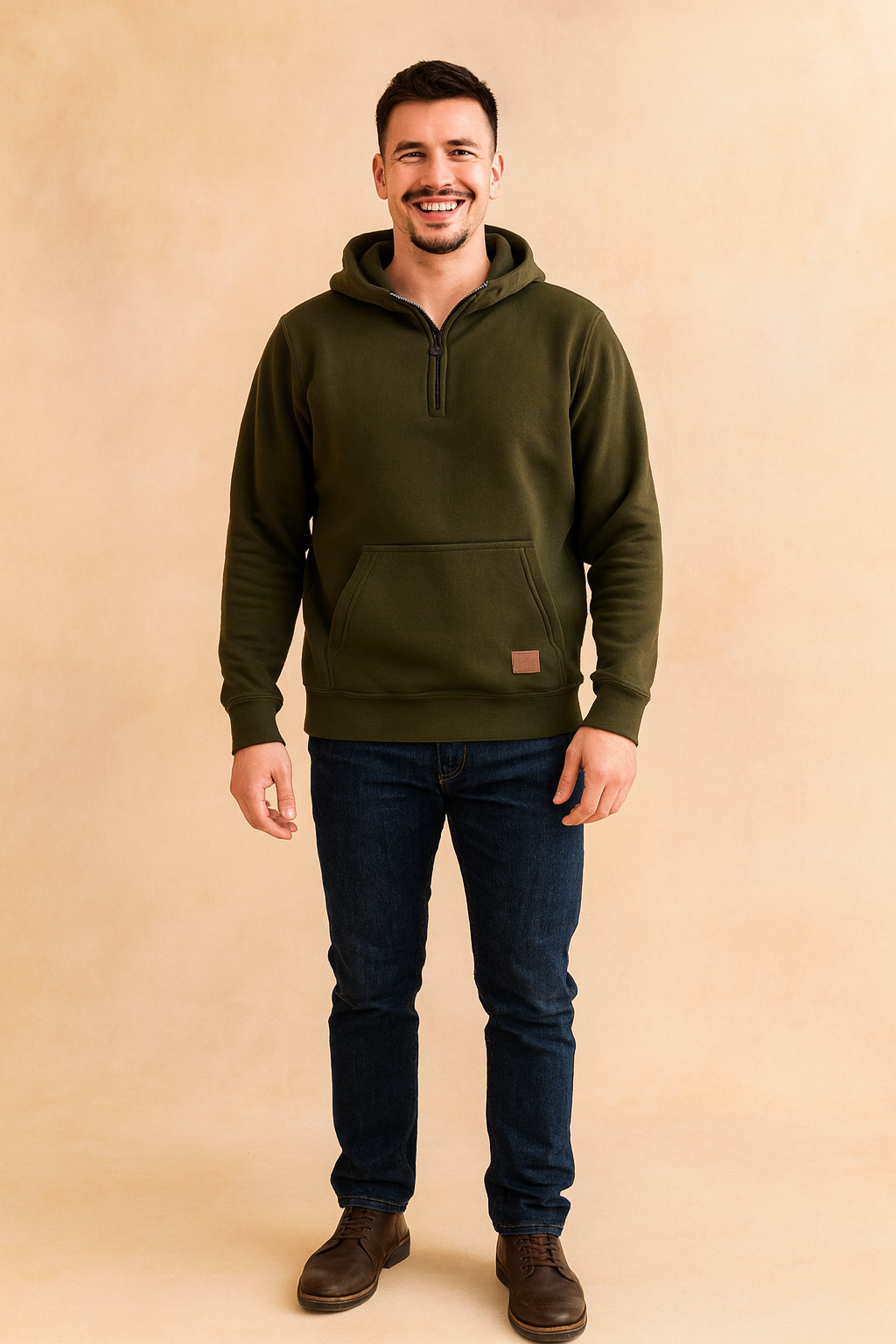 Dark olive green pullover hoodie featuring a soft brushed fleece texture, quarter-zip collar with round metal zipper pull, kangaroo front pocket, and ribbed cuffs and hem for a snug fit.