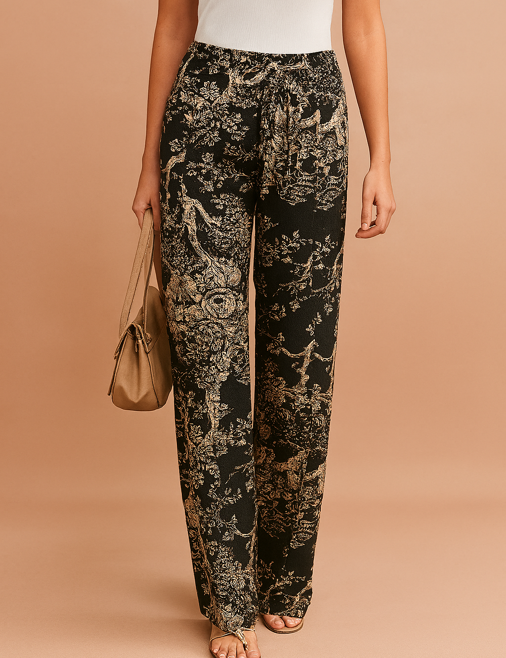 High-waisted black wide-leg pants with intricate beige floral and tree branch print, styled with a slim white top and beige strappy sandals.