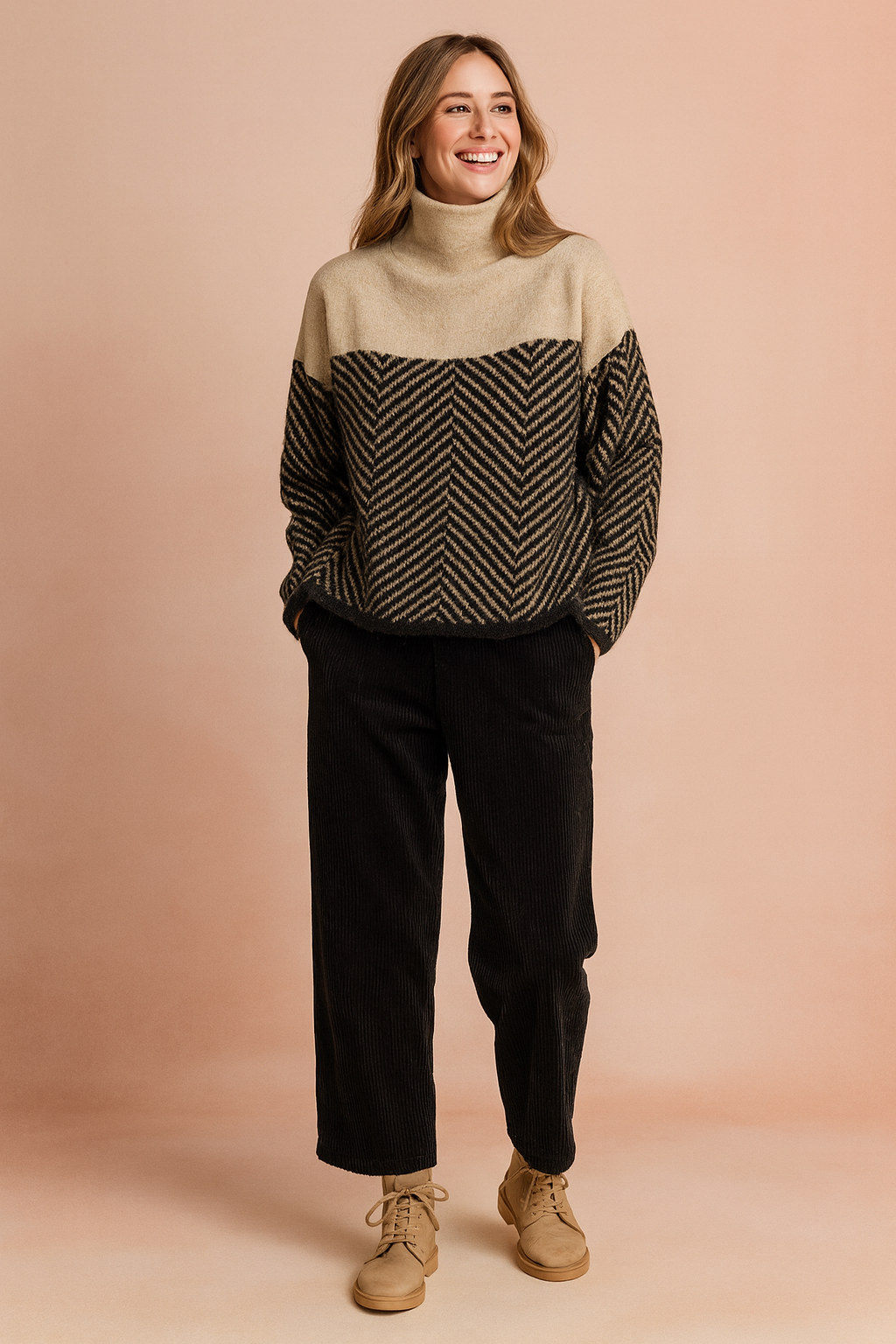 Cozy two-tone turtleneck sweater with a soft beige top section and black herringbone patterned lower half, paired with relaxed black corduroy pants and beige lace-up ankle boots.