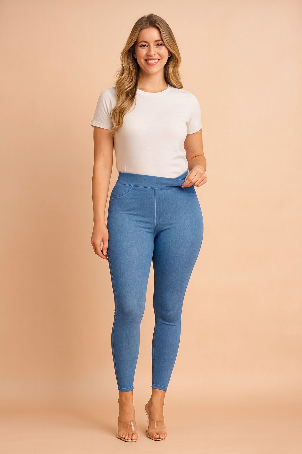 Light blue high-waisted jeggings with faux denim texture, slim fit design, ankle-length cut, and classic stitched detailing for a sleek modern look.