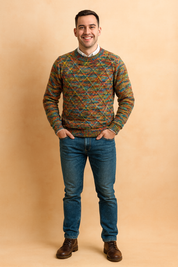 Vibrant multicolor knit pullover sweater with a diamond cable pattern, featuring rich tones of orange, blue, yellow, and black, intricately woven in a textured finish for a cozy and stylish winter look.