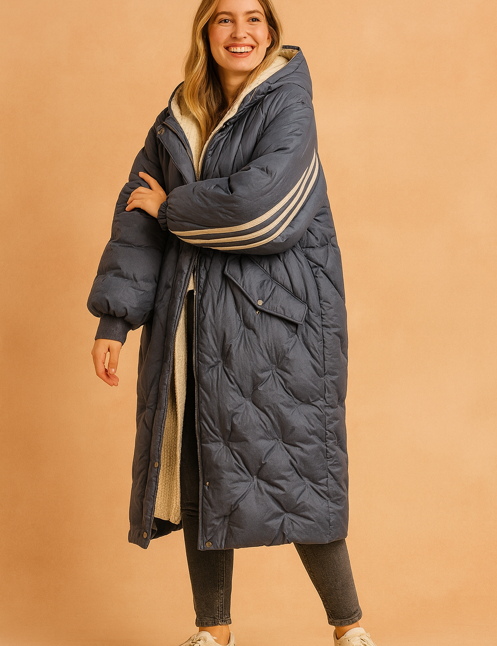 Navy blue quilted puffer coat with striped sleeve accents and faux shearling lining, styled with dark jeans and white sneakers for a cozy winter look.