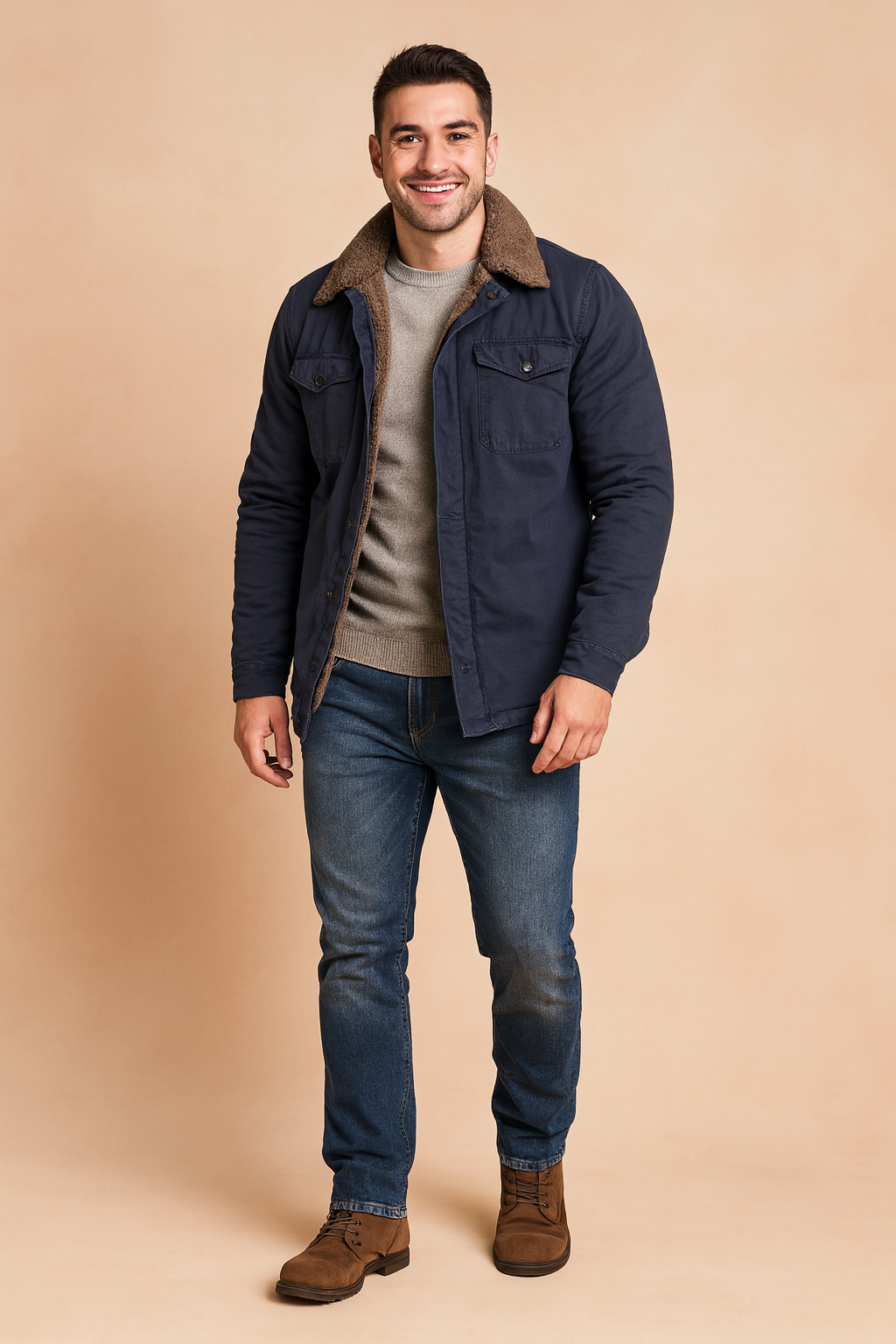 Navy blue sherpa-lined jacket with brown faux-shearling collar, paired with a light gray sweater, medium wash jeans, and brown suede boots for a casual winter look