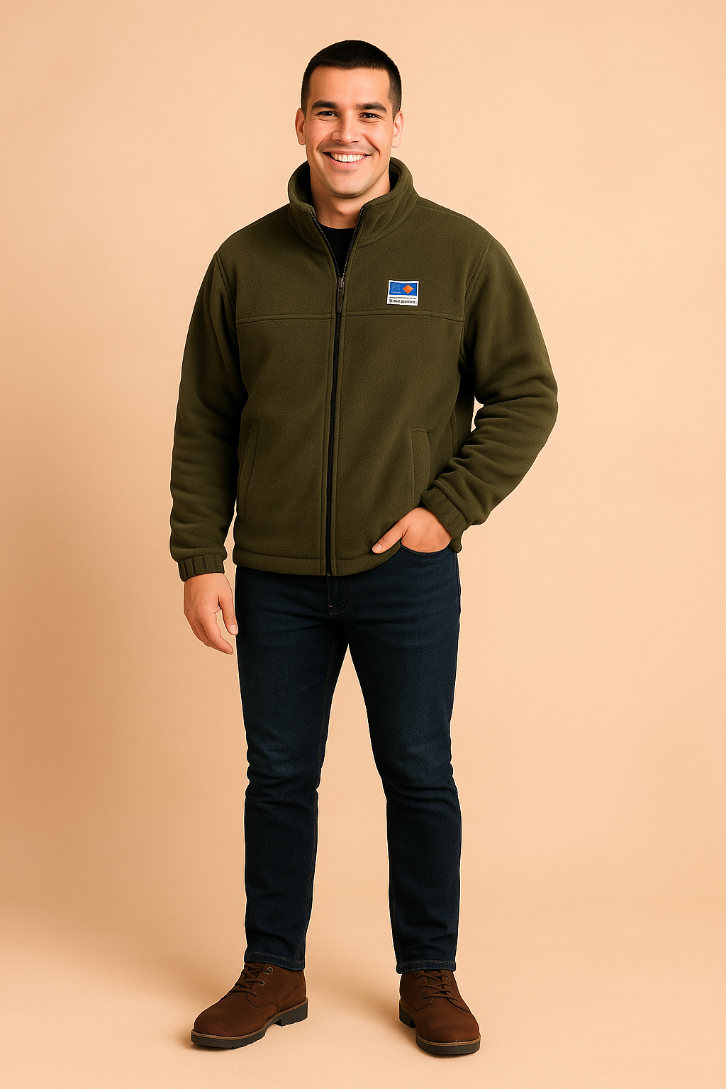 "Men's olive fleece zip-up jacket with elastic cuffs, drawstring hem, and front pockets featuring a retro embroidered patch on the chest – perfect for casual outdoor wear."