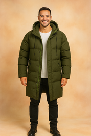 Men’s long padded parka coat in deep olive green with hood, front zipper closure, and insulated design for winter warmth.