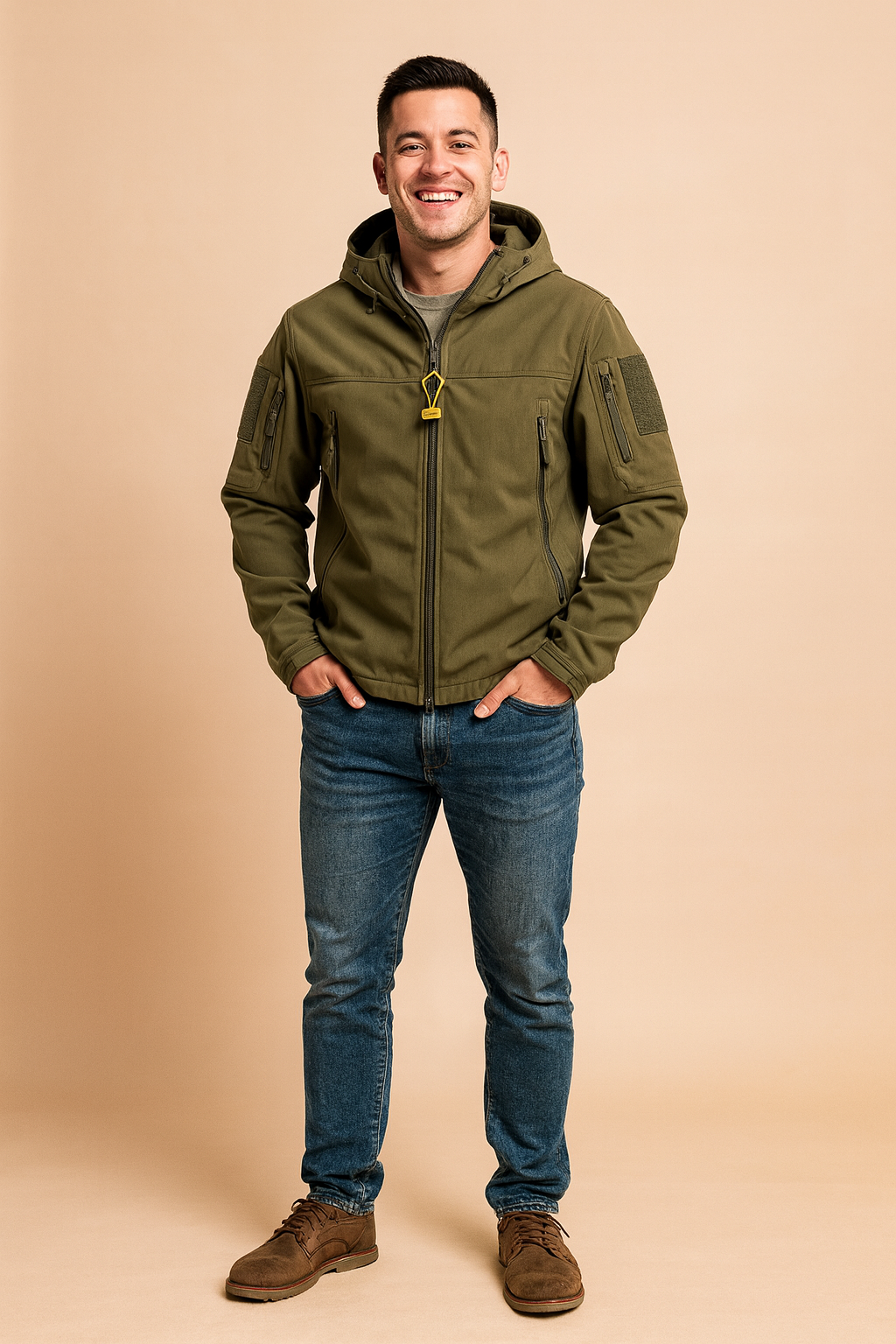 Olive green tactical hooded jacket with multiple zippered pockets, Velcro arm patches, and adjustable cuffs, styled for outdoor and casual wear.