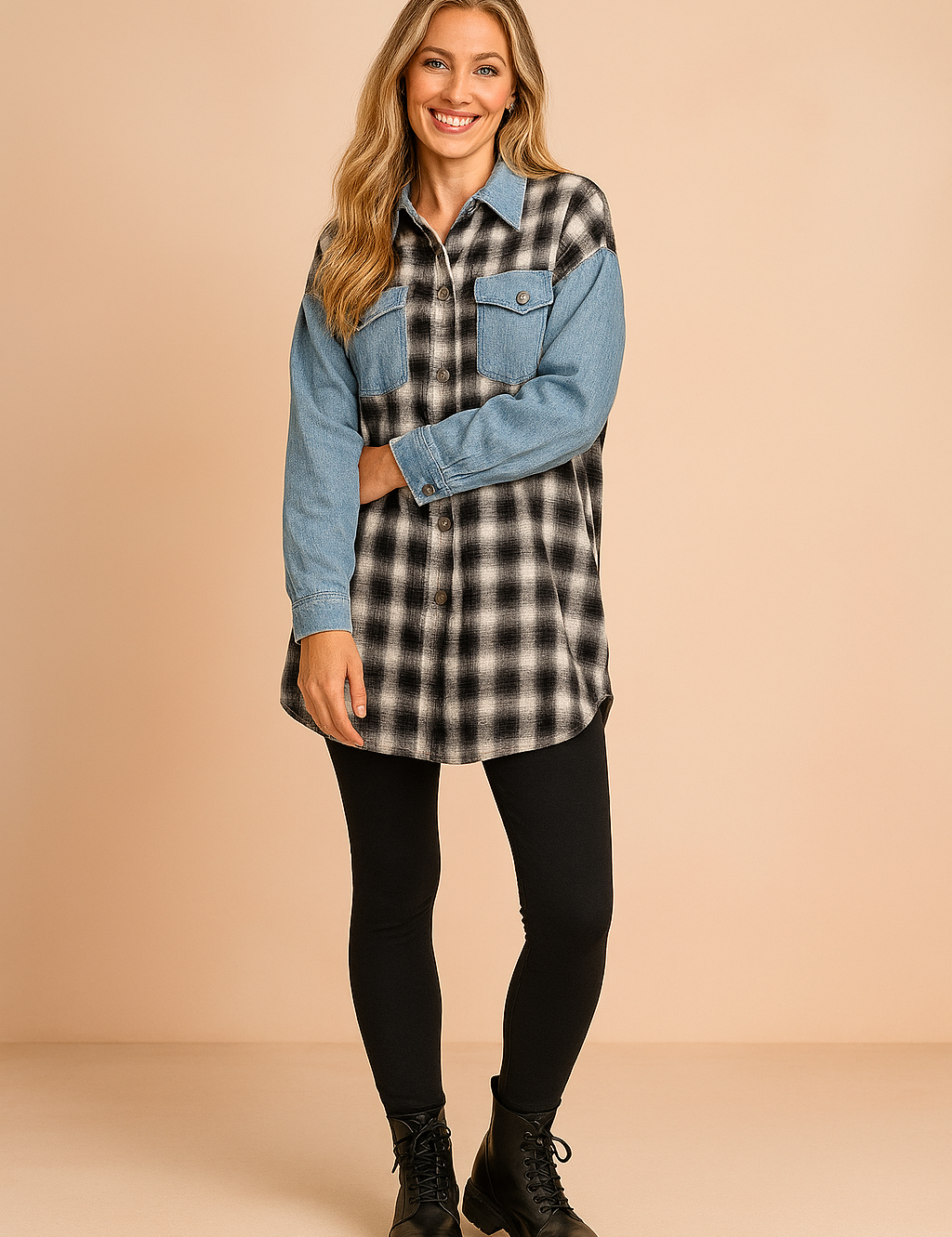 Oversized black and white plaid shirt with denim sleeves and front flap pocket, styled with black leggings and lace-up combat boots.