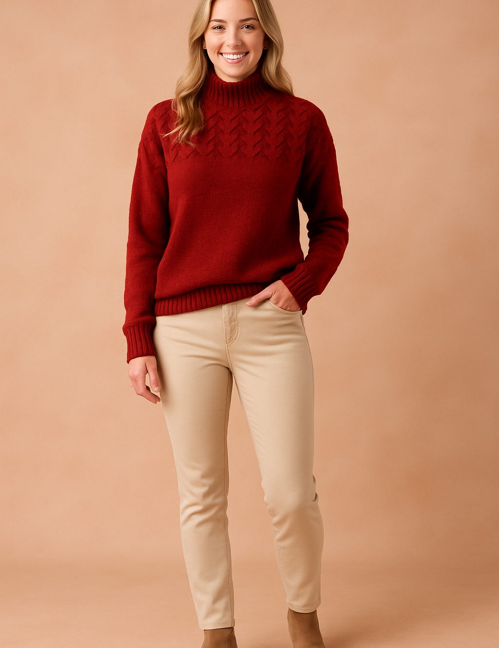 Deep red cable-knit high-neck sweater with ribbed cuffs and hem, paired with beige slim-fit pants and tan ankle boots.