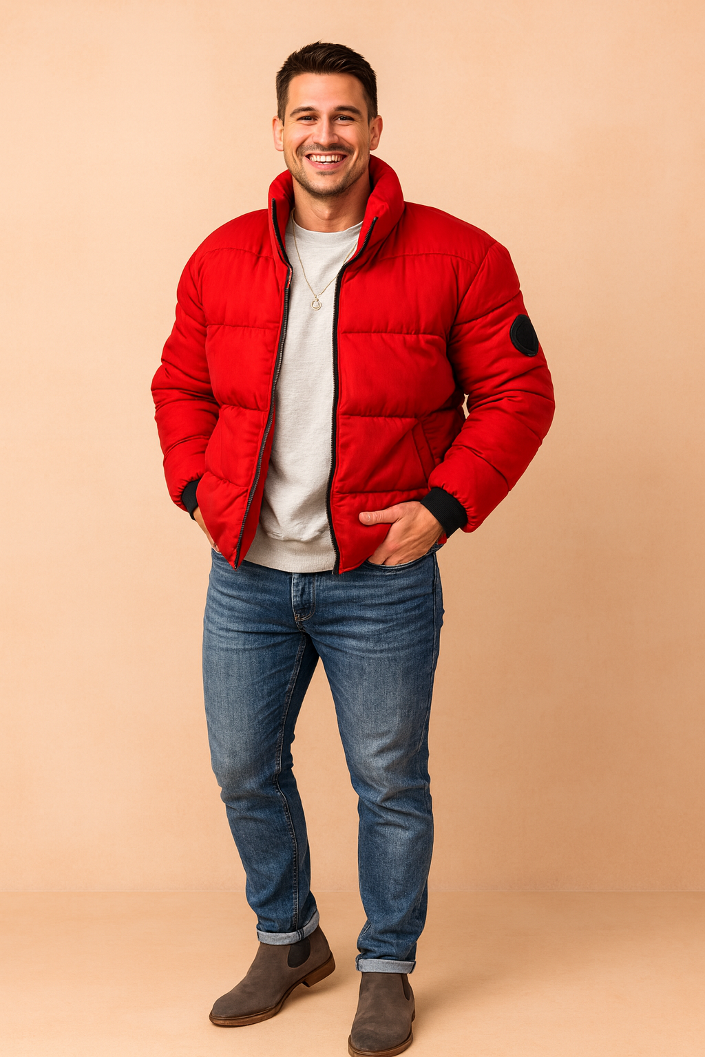 Bold red puffer jacket with front zipper, ribbed black cuffs, and angled side pockets, styled over a light grey crewneck sweatshirt and paired with classic blue jeans.