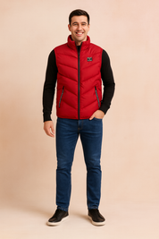 Men’s sleeveless puffer vest in vibrant red with black zipper accents and side pockets, designed with a high collar for extra warmth and a sleek quilted pattern for a modern outdoor look.