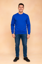 Men’s classic crewneck sweatshirt in vibrant royal blue, featuring ribbed cuffs, hem, and collar for a clean, structured look.