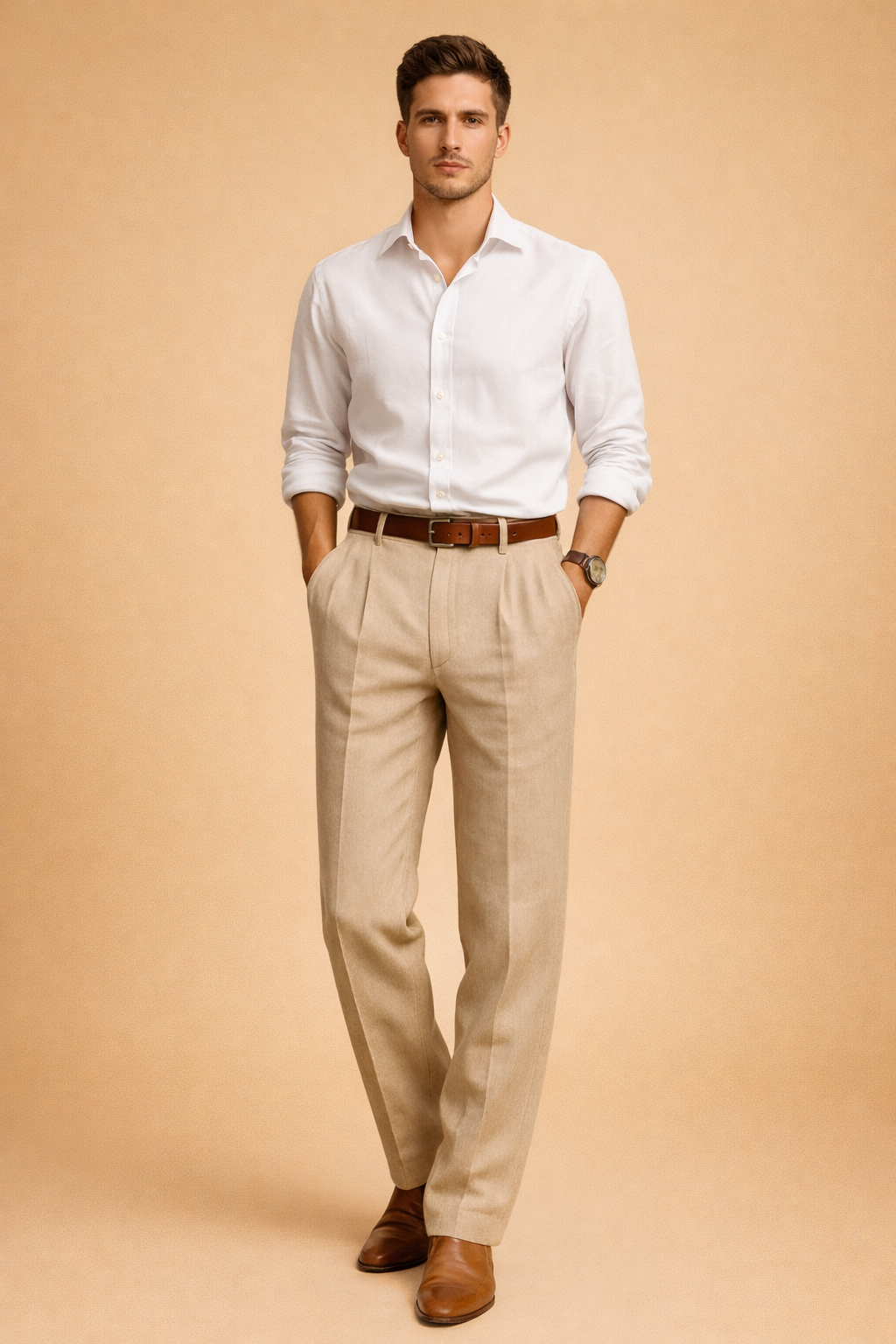 Tailored beige pleated trousers styled with a crisp white long-sleeve button-up shirt, finished with a brown leather belt and classic brown leather dress shoes for a refined modern look.