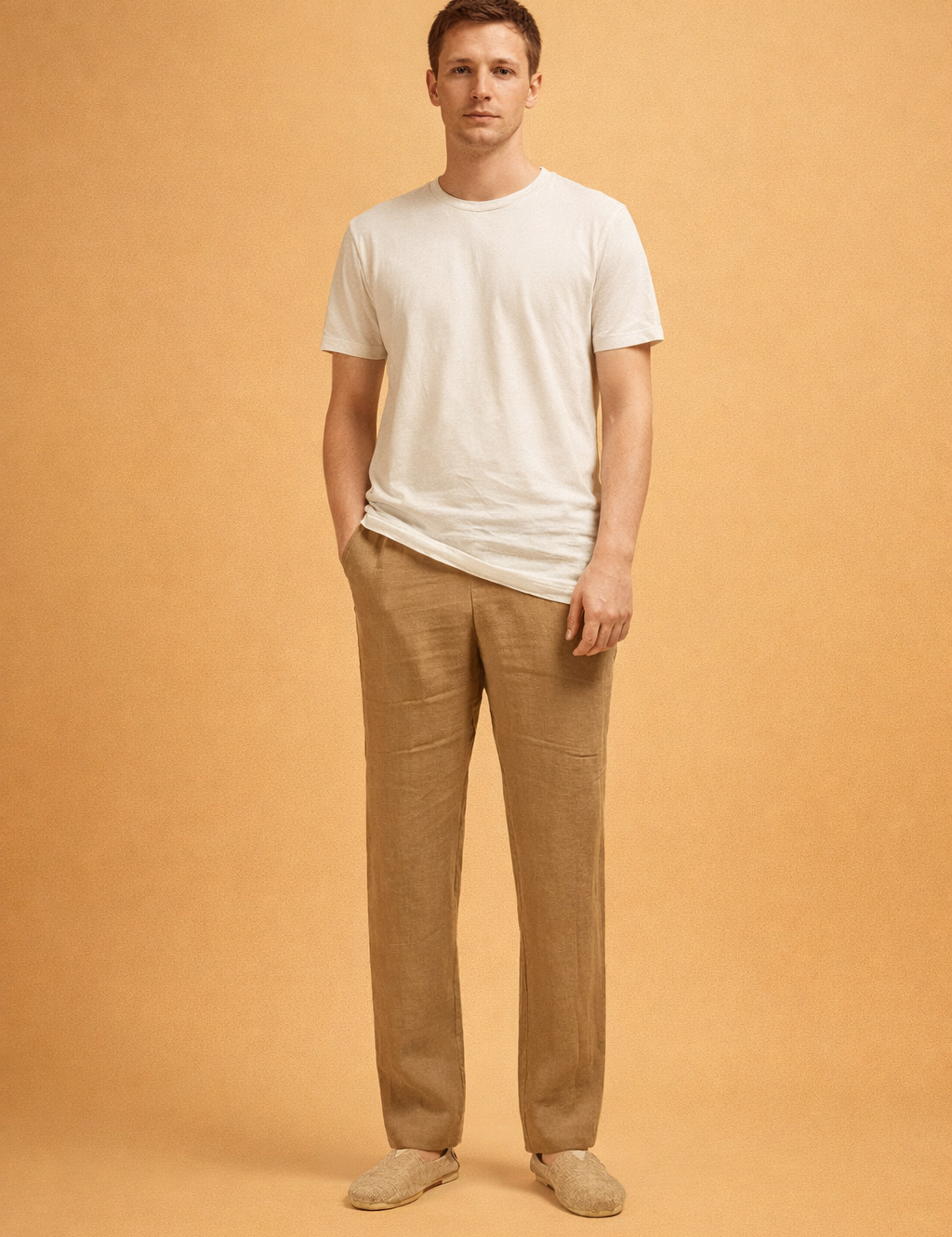 Black straight-leg trousers styled with a clean white short-sleeve top and neutral beige slip-on shoes, featuring a relaxed fit, smooth front, and full-length cut suitable for everyday wear.