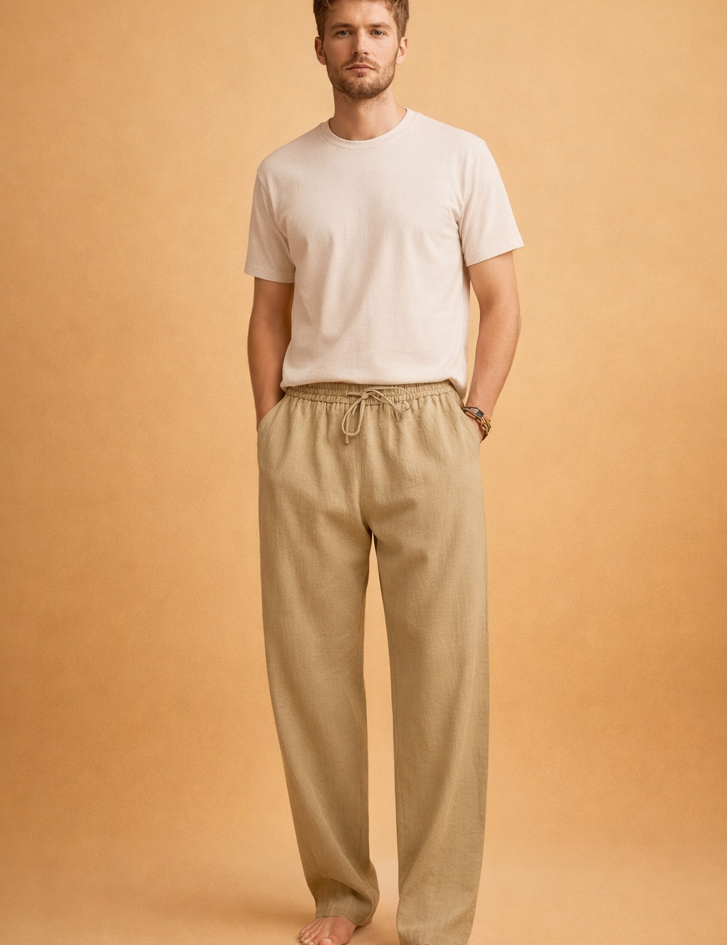 Light blue linen trousers with a relaxed straight-leg cut, elasticated waistband with adjustable drawstring, smooth breathable fabric texture, and clean full-length drape paired with a minimalist white short-sleeve crew-neck T-shirt.