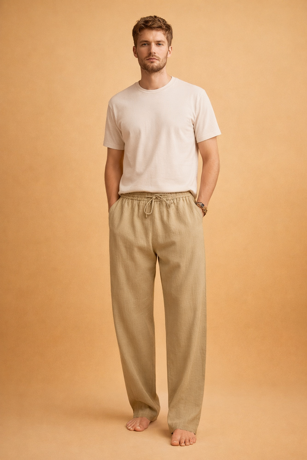 Light blue linen trousers with a relaxed straight-leg cut, elasticated waistband with adjustable drawstring, smooth breathable fabric texture, and clean full-length drape paired with a minimalist white short-sleeve crew-neck T-shirt.