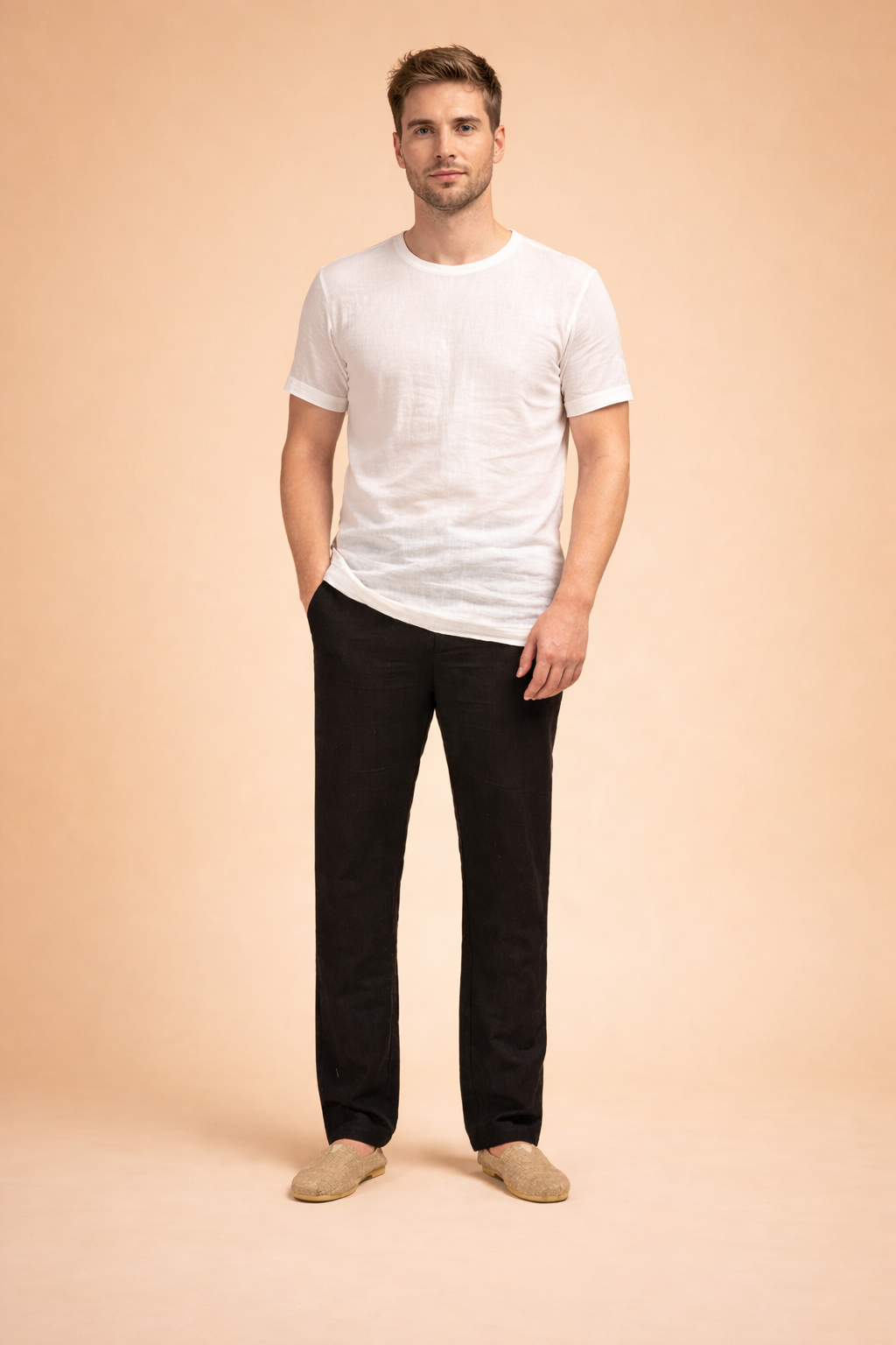 Straight-leg men’s trousers with a clean tailored cut, full-length legs, smooth structured drape, classic waistband, and minimalist front profile designed for a refined everyday look.