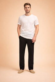 Straight-leg men’s trousers with a clean tailored cut, full-length legs, smooth structured drape, classic waistband, and minimalist front profile designed for a refined everyday look.