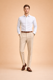 Men’s tailored slim-fit trousers with front pleats, clean waistband, straight tapered leg, crisp crease detailing, and a refined formal silhouette suitable for elegant everyday wear.