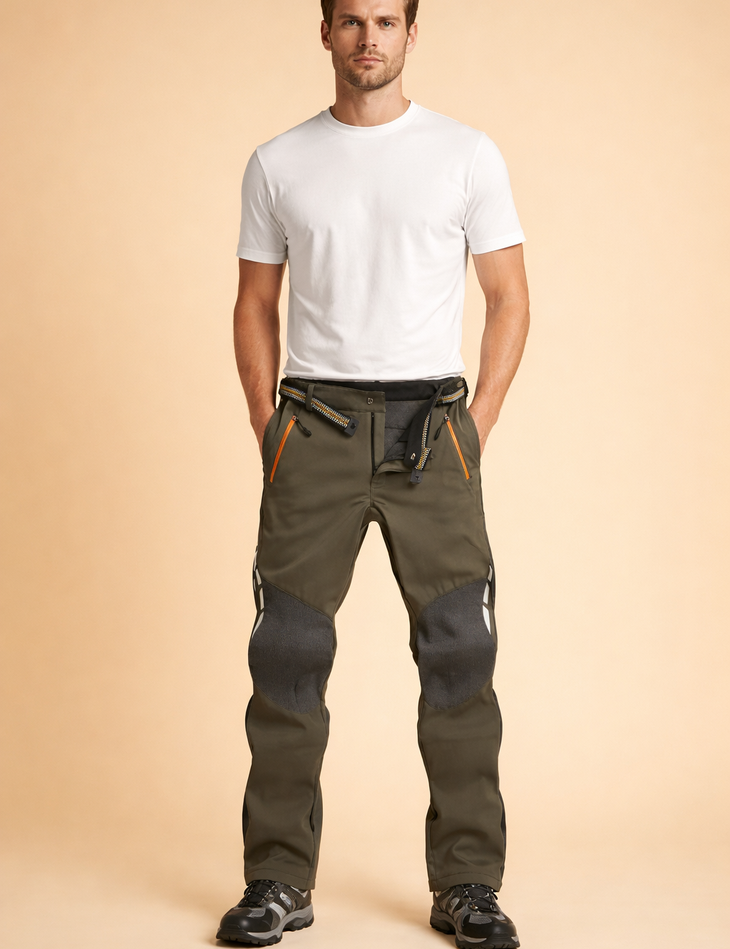 Men’s technical black trousers with reinforced knee panels, articulated leg construction, adjustable waist tabs, front zip pockets with contrast detailing, styled with a fitted short-sleeve top and minimalist low-profile sneakers.