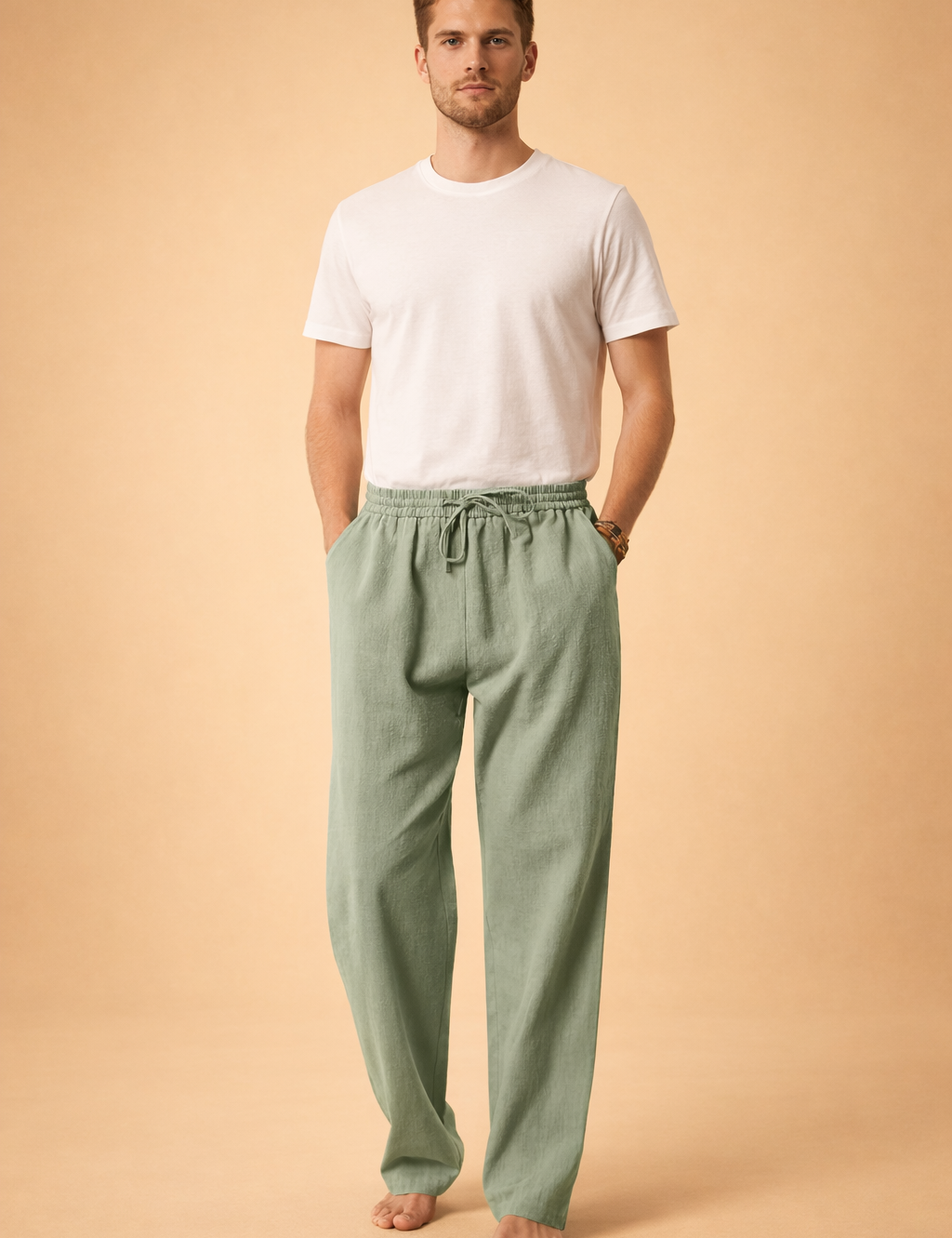 Relaxed-fit men’s trousers with a straight-leg silhouette, elastic waistband with adjustable drawstring, clean front panel, and fluid drape for a refined everyday look.
