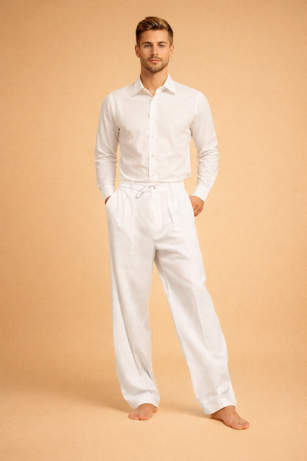 White straight-leg trousers with a relaxed tailored cut, mid-rise waistband, adjustable drawstring closure, clean front pleats, and full-length hem with a smooth, flowing drape.