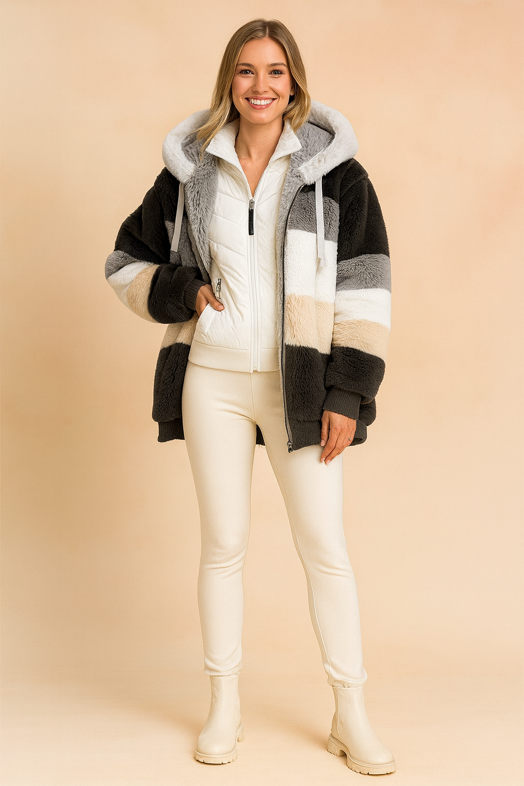 Color-block faux fur hooded jacket in black, grey, white, and beige stripes, paired with a white zip-up top, fitted cream trousers, and cream ankle boots.