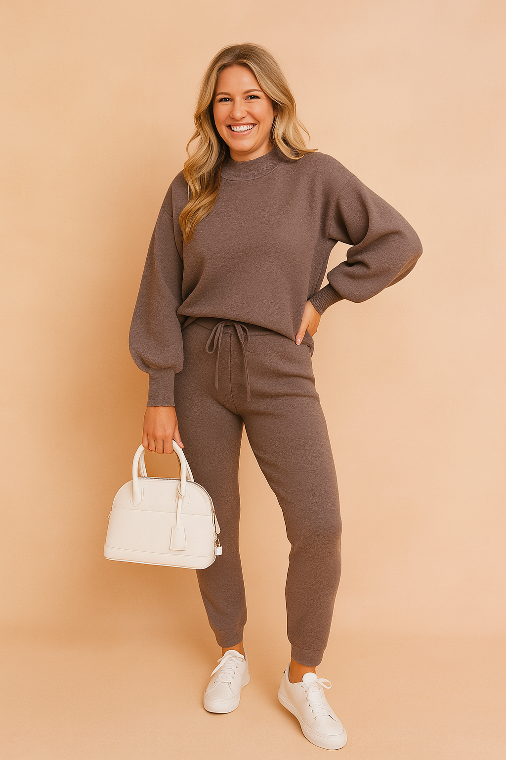 Two-piece knit lounge set featuring a relaxed-fit taupe pullover top with balloon sleeves and matching high-waisted drawstring pants, both crafted in a soft textured fabric. Styled with clean white sneakers and a structured white handbag for a cozy yet polished casual look.