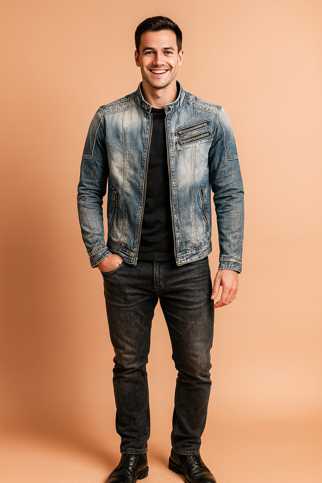 Men’s washed denim-style moto jacket with front zipper, chest zip pockets, and detailed stitching, designed in a slim-fit cut for a modern casual look.