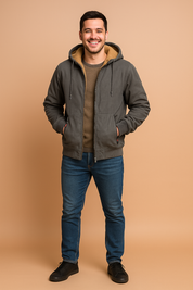 Gray winter fleece-lined hoodie jacket with drawstring hood, ribbed cuffs, dual front zipper pockets, and soft tan sherpa interior—perfect for urban cold-weather wear.
